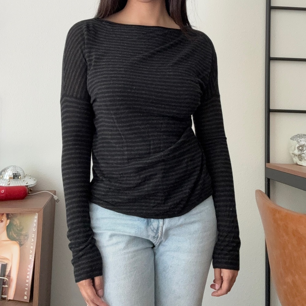 Vince Black Striped Boatneck Long Sleeve Mercerized Wool Viscose Top Medium